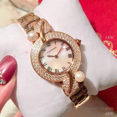 Swiss Quality Copy Cartier Rotonde de Watch 33mm Rose Gold Diamond Bezel